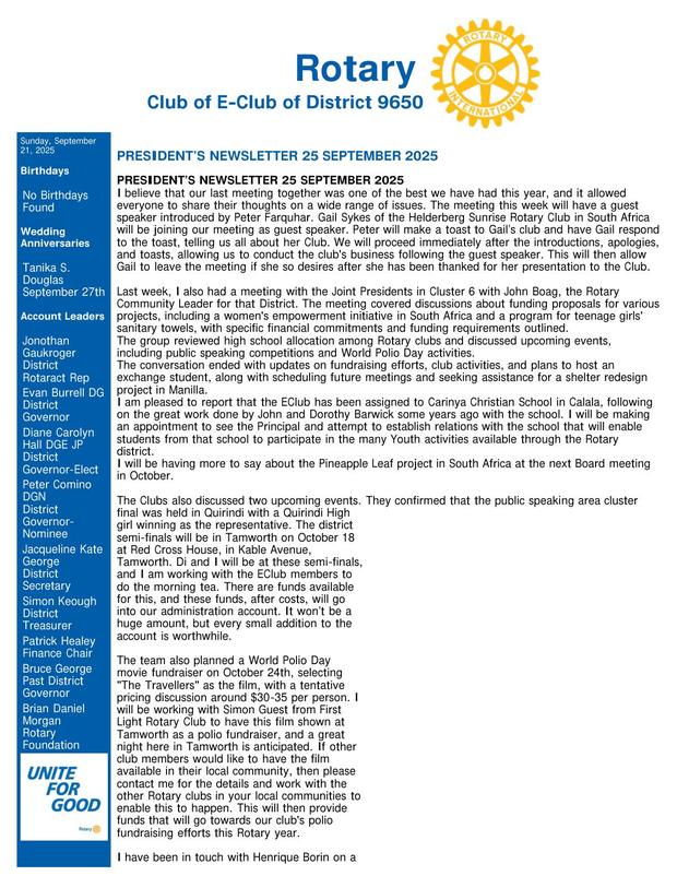 Cover of the club bulletin for 21 September 2025