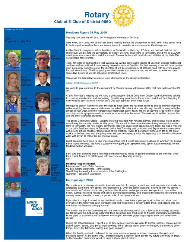 Cover of the club bulletin for 24 May 2026